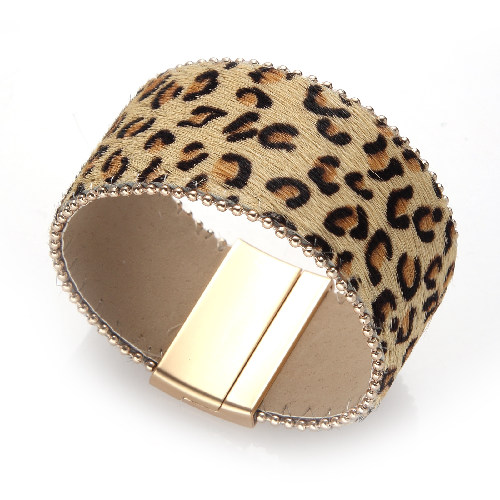 一件代发法式镶金边磁扣豹纹宽版手环复古个性夸张女款手镯