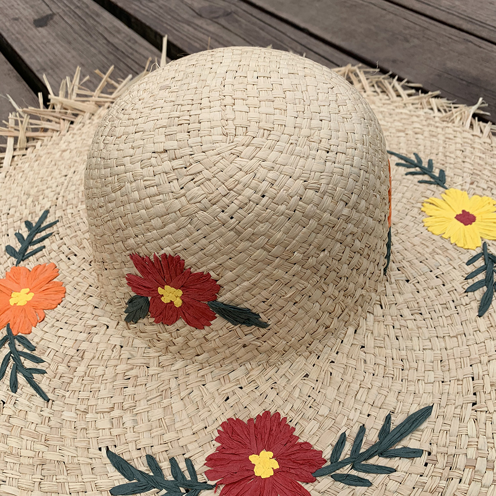 ins拉菲草刺绣花朵沙滩草帽女时尚田园风大檐太阳帽夏天防晒帽子