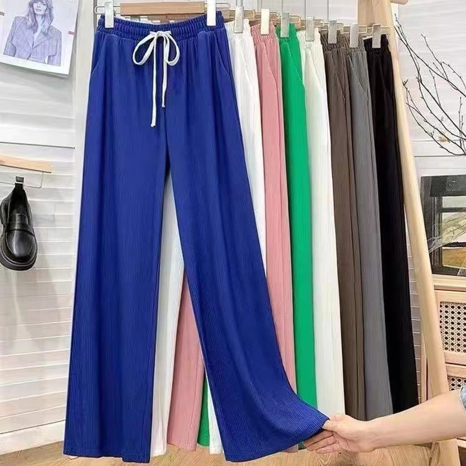 2023 New Snake Bone Pattern Wide-Leg Pants Ice Silk Slimming Pants High Waist Pleated All-Match Mop Straight-Leg Trousers Women