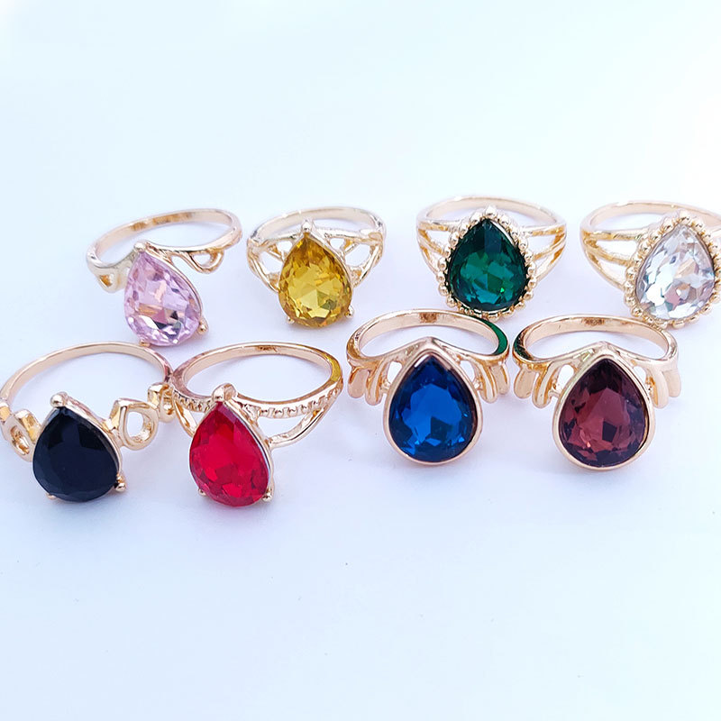 Drop-Shaped Colored Glass Ring Fashion All-Match KC Gold Foreign Trade Export Female Index Finger Ring Cross-Border E-Commerce Spot