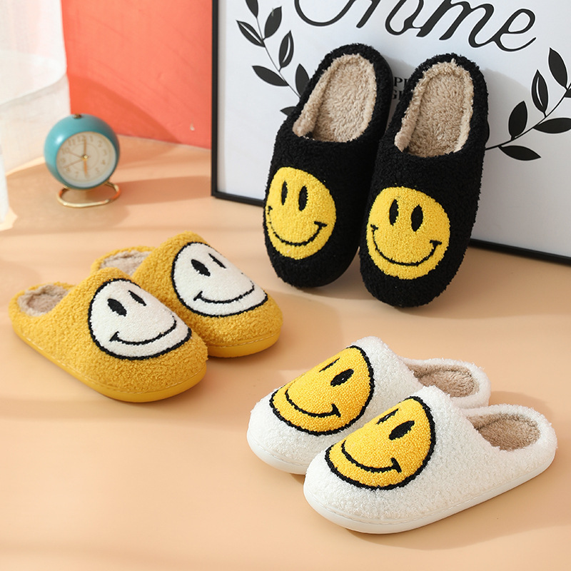 Smiley Face Korean Style Autumn and Winter Furry Couple Cotton Slippers Female Men's Household Cute Thick Bottom Cartoon Non-Slip Indoor