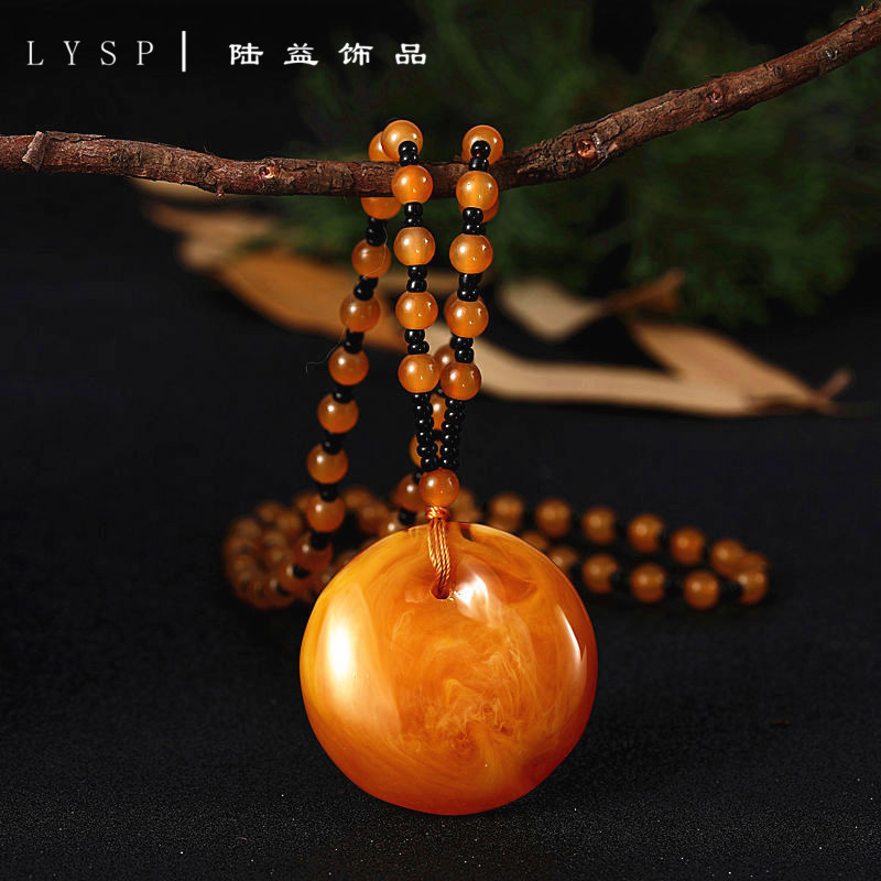 Second Generation Old Beeswax Lucky Pendant Sweater Chain Amber Necklace Long Men's and Women's Autumn and Winter Necklace Women's Neck Pendant Ornaments