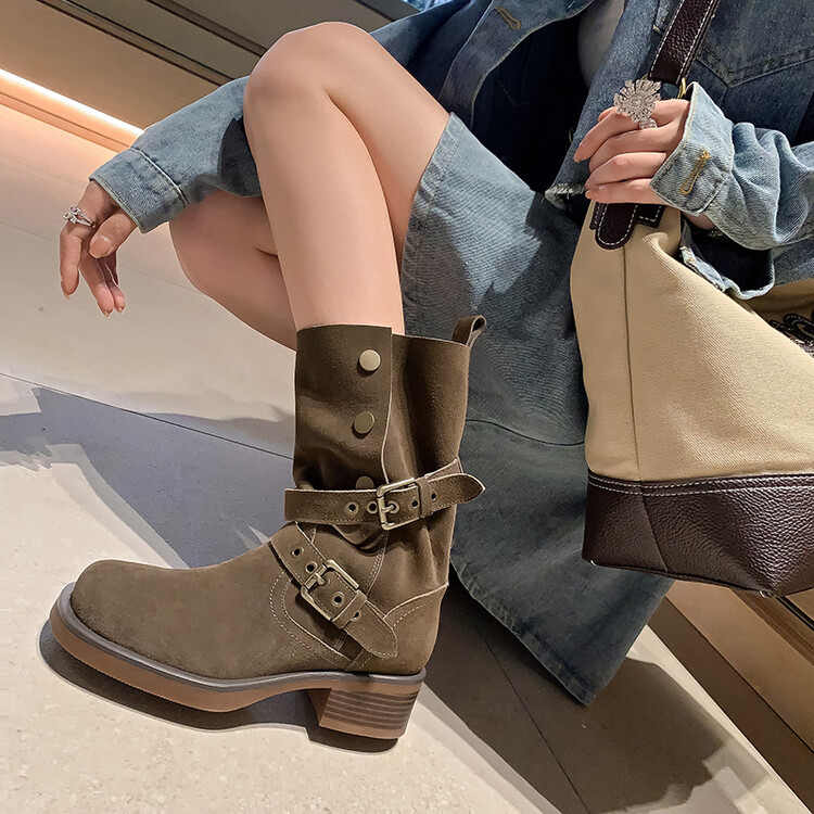 秋冬磨砂牛皮扣带西部牛仔靴新款酷辣两穿中筒靴休闲复古骑士靴女