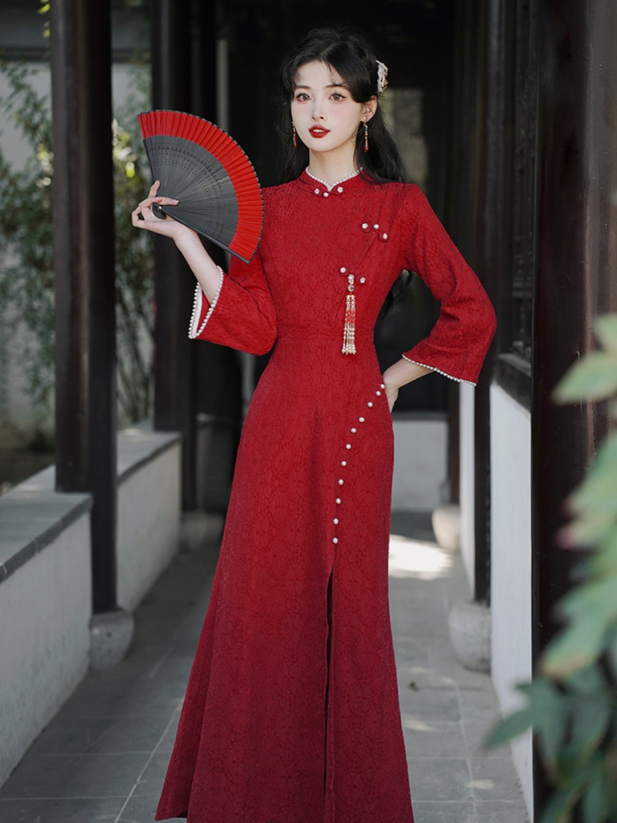 中式国风订婚敬酒服2023新款新娘回门便装红色旗袍连衣裙长裙