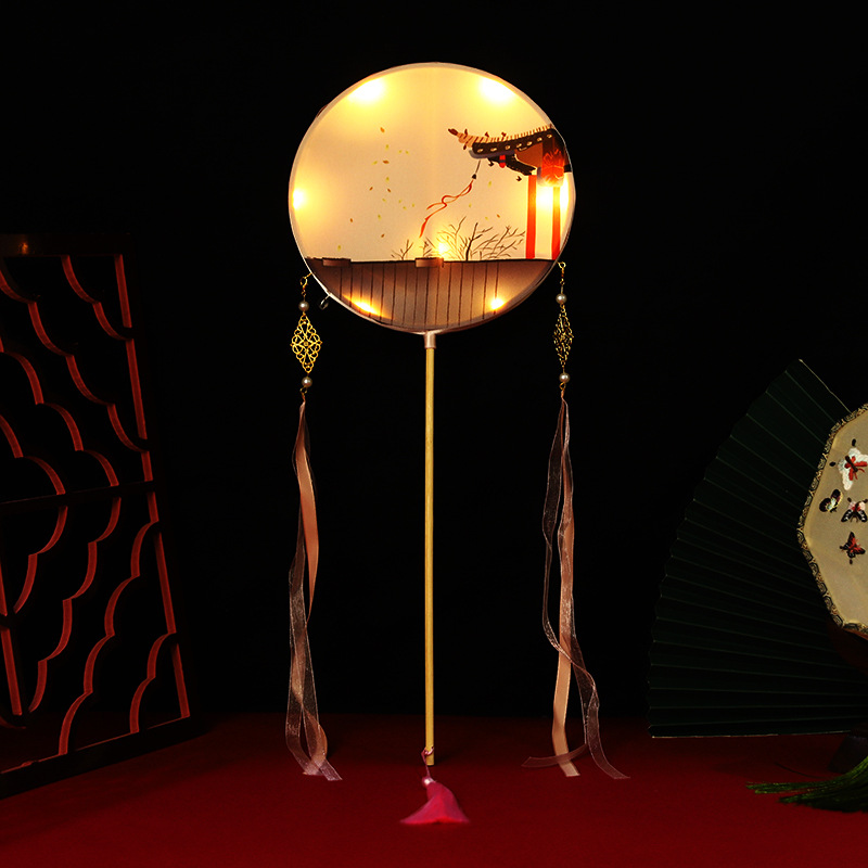 厂家直销花灯元宵灯 汉服古风团扇 带灯双面宫扇拍照道具手工扇子