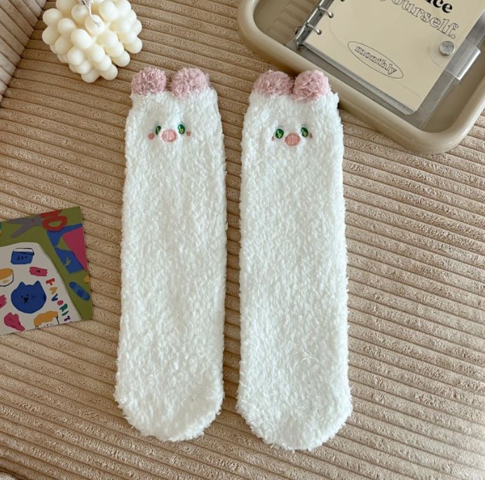 Autumn and Winter New Cartoon Three-Dimensional Ear Embroidery Small Animal Coral Cashmere Socks Home Room Socks Thickened Warm Women's Socks