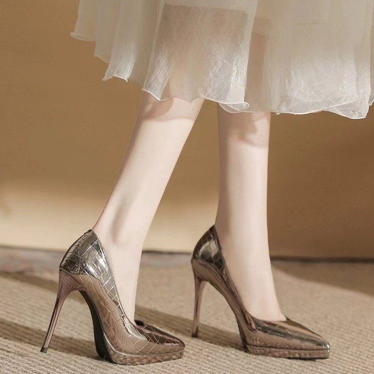 韩版方格纹漆皮防水台高跟鞋法式尖头高跟单鞋女鞋时尚气质宴会鞋