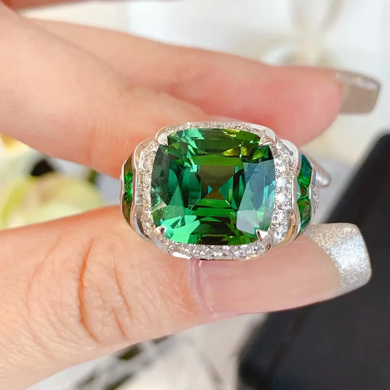 鹿鹿通 s925纯银绿碧玺鸡尾酒色晶宝石戒指男小众设计复古原创ins