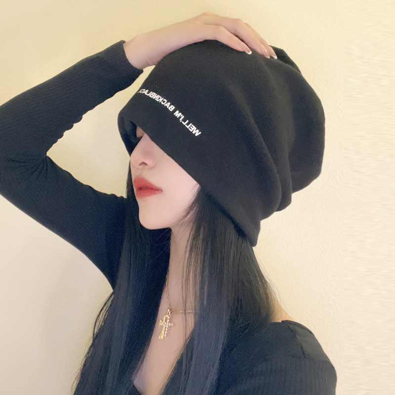 针织帽子女字母春秋网红显脸小百搭毛线帽冷帽包头堆堆帽潮秋冬季