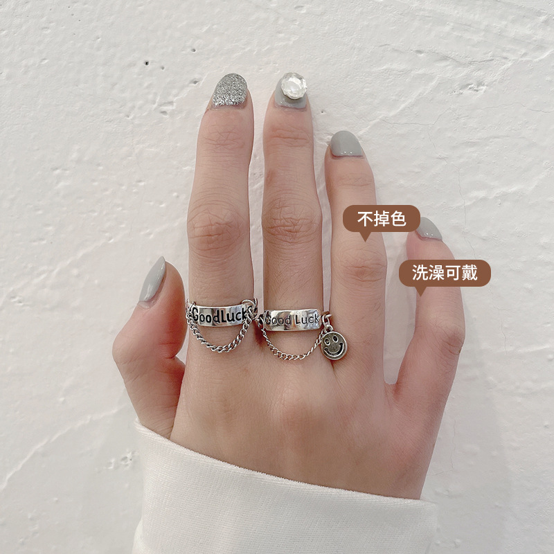 Smiley Face Chain S925 Silver Ring Non-Fading Special-Interest Design Personalized Opening High-Grade Pure Silver Ring Wholesale Women