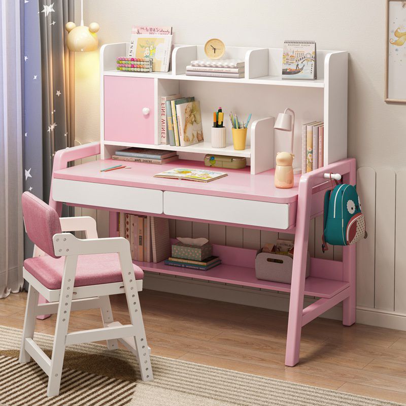 书桌书架一体实木腿学习桌子家用小学生卧室女孩写字桌椅套装