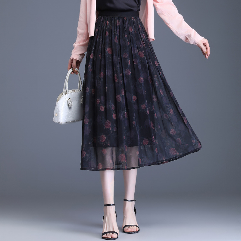 黑色雪纺半身裙印花妈妈夏季a字裙薄女中老年百褶裙中年高腰网纱