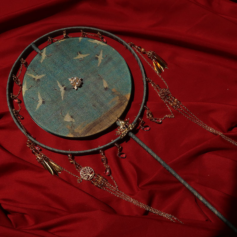 晚吟原创 宋徽古风长柄团扇双层双圈汉服扇子拍摄演出道具风