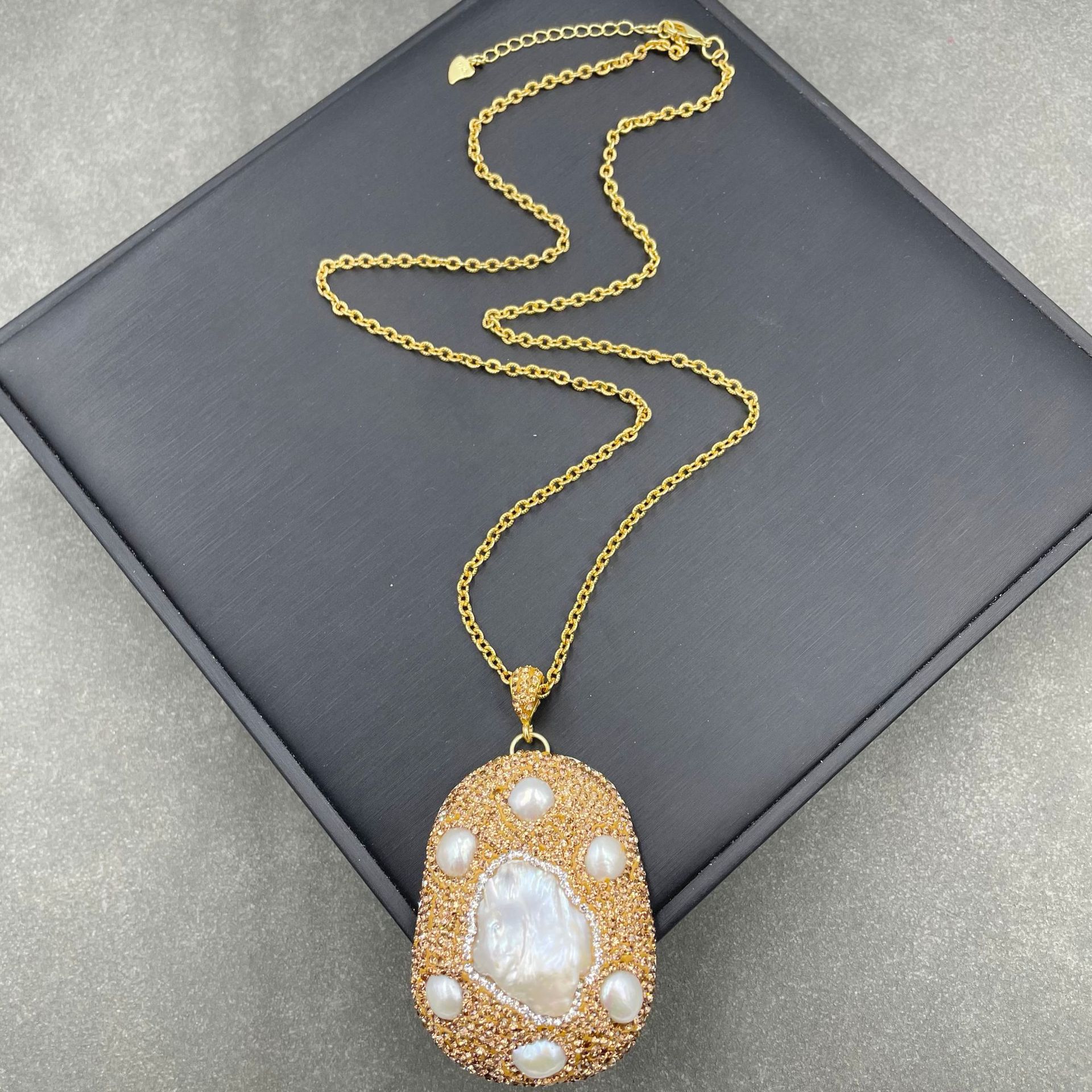 巴洛克异形珍碧玺水晶碎石项链吊坠 精美手工镶嵌捷克钻毛衣链