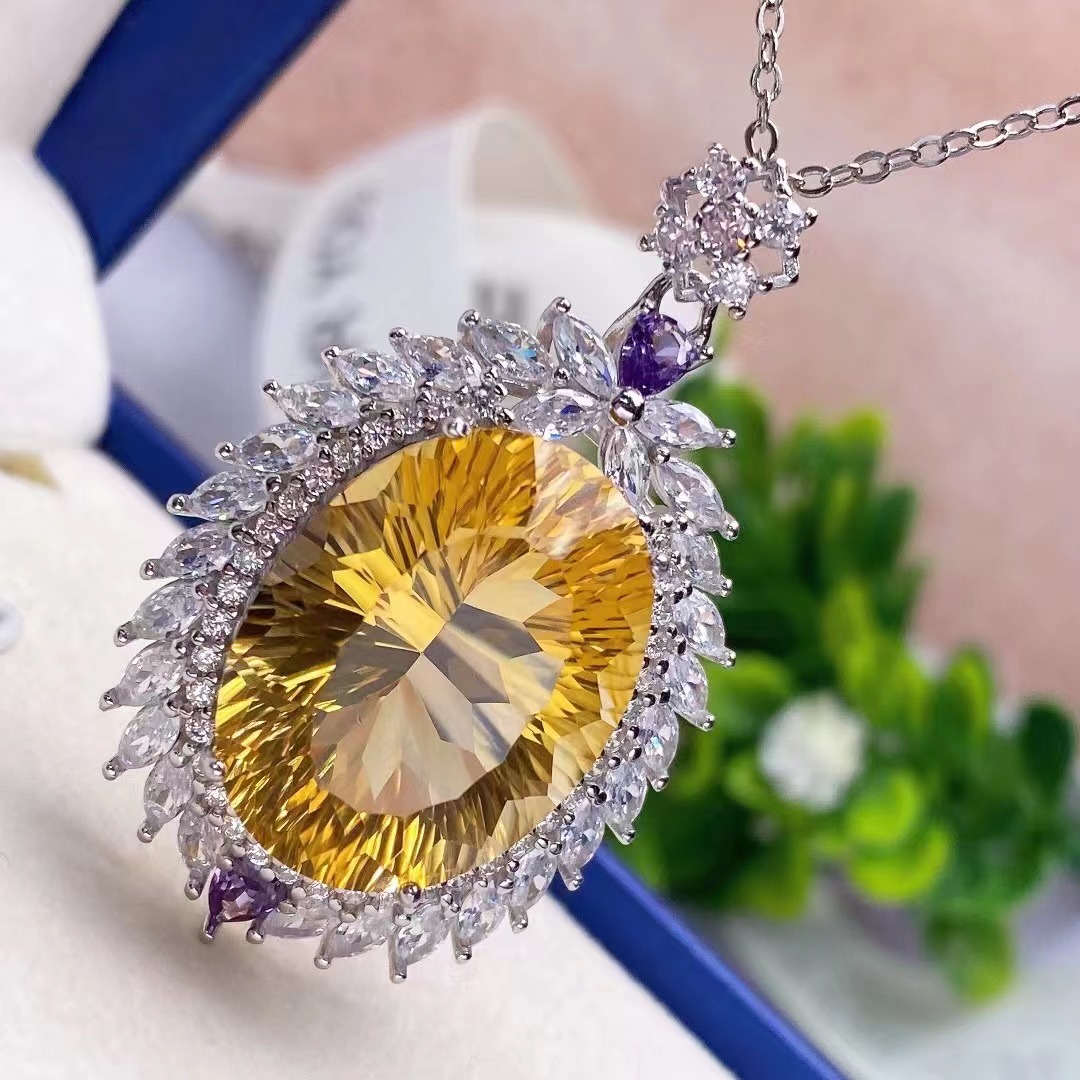 天然黄水晶镶嵌925银吊坠款式漂亮做工好工厂直销主石15×20mm