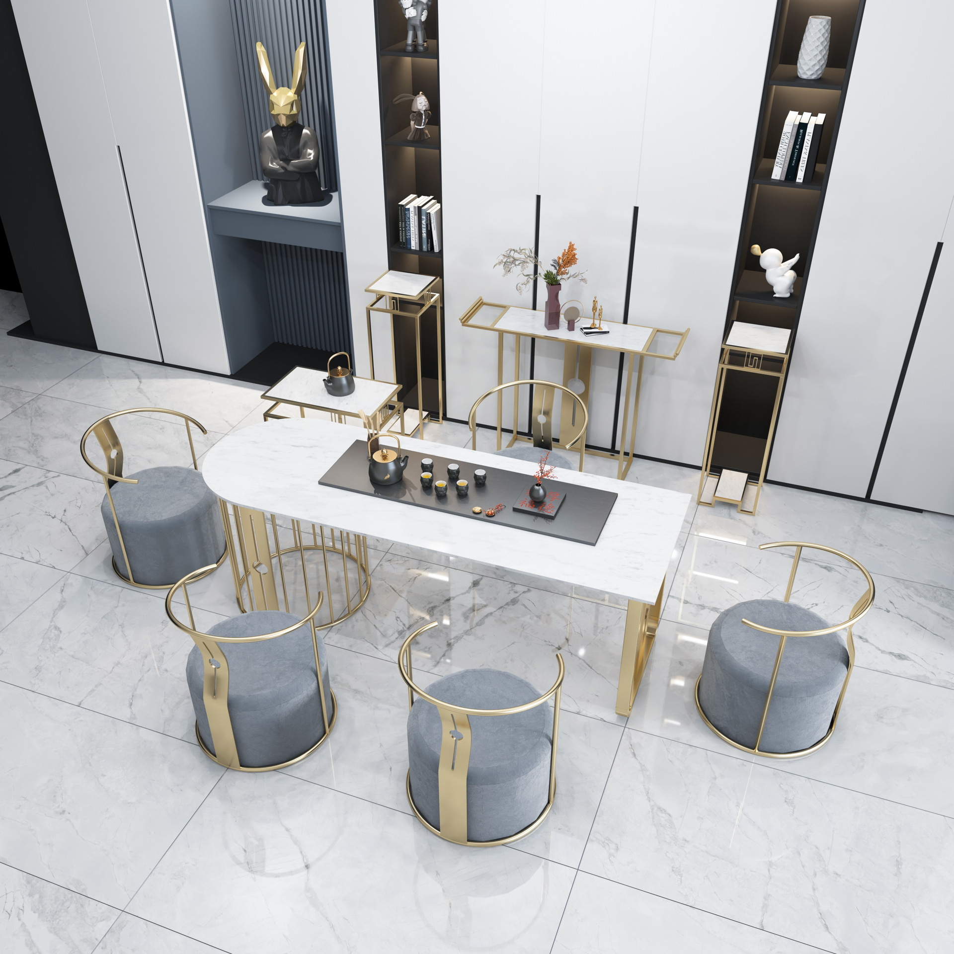 新中式茶桌椅组合大理石茶台功夫茶几轻奢办公室接待泡茶桌茶艺桌