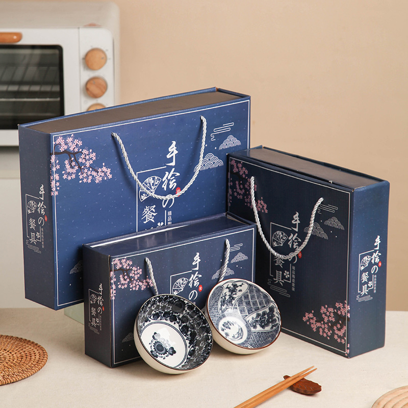japanese style bowl dish wholesale tableware suit chinese style pte soup bowl blue and white porcein logo opening hand gift box home