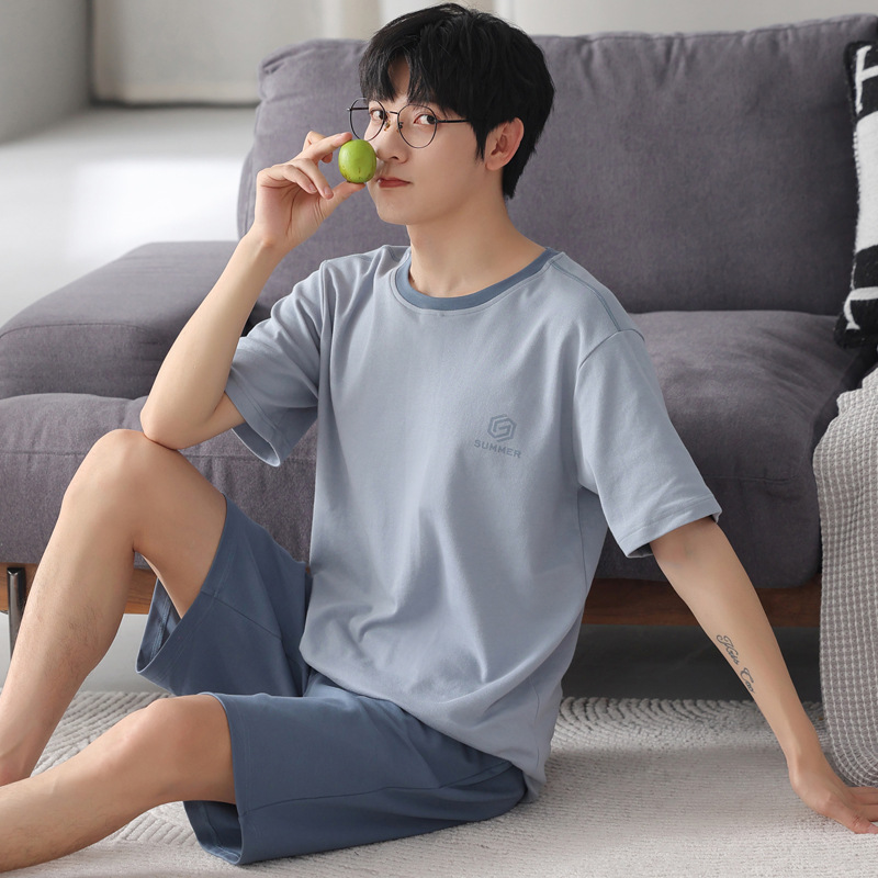 Men's Pajamas Summer Cotton Short-Sleeved Shorts Thin Casual Youth Home Wear Spring and Summer Can Be Worn outside Suit