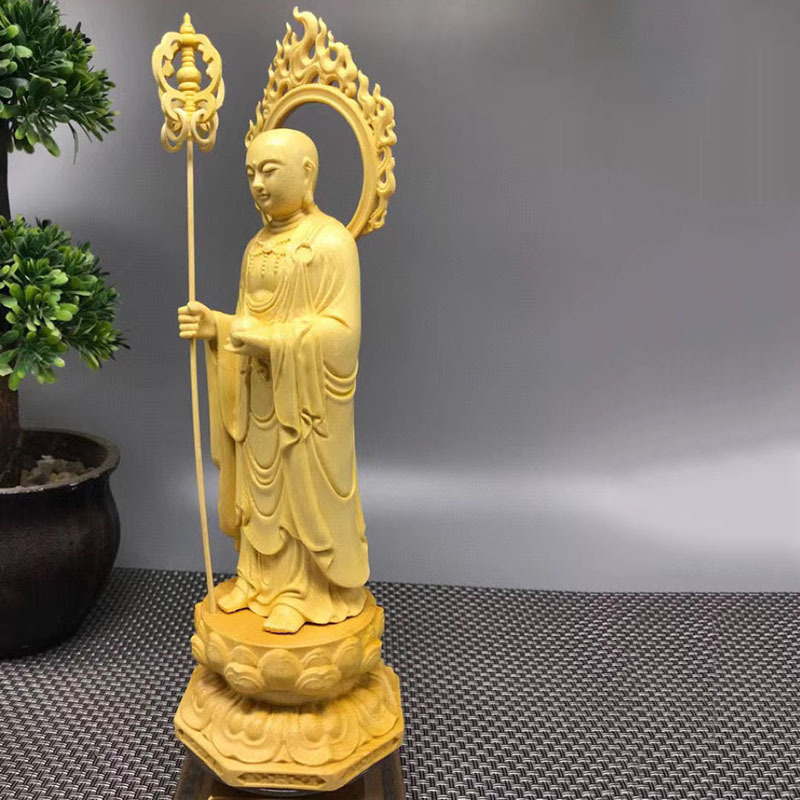 黄杨木火焰背光地藏家居办公室摆件佛堂菩萨佛像工艺品