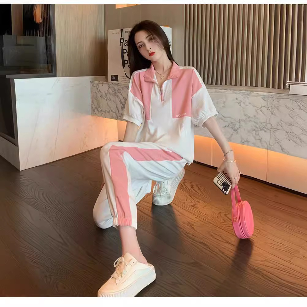 专柜2024年夏运动服休闲套装裤女时尚减龄洋气拼接短袖两件套