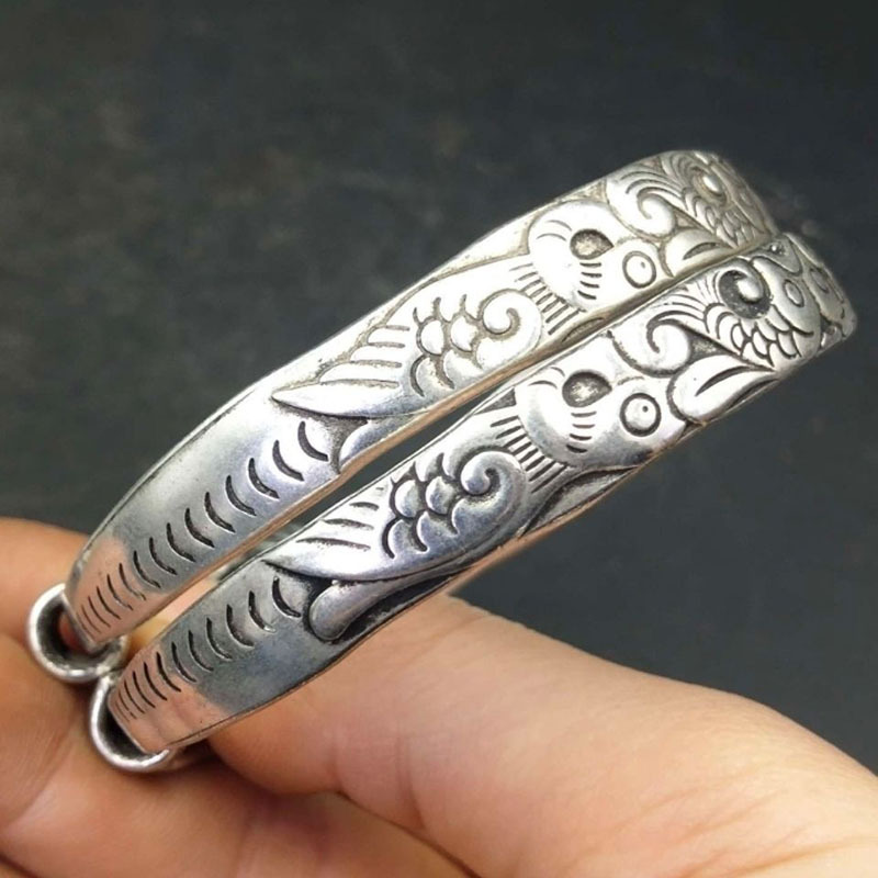 仿古做旧古玩杂项复古民族风仿古做旧藏银手镯一对金属工艺品新品