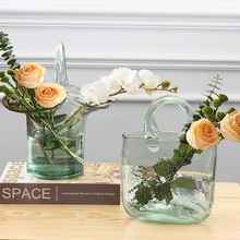创意手提篮插花瓶玻璃透明简约客厅包包花瓶餐桌摆件鱼缸琉璃花器