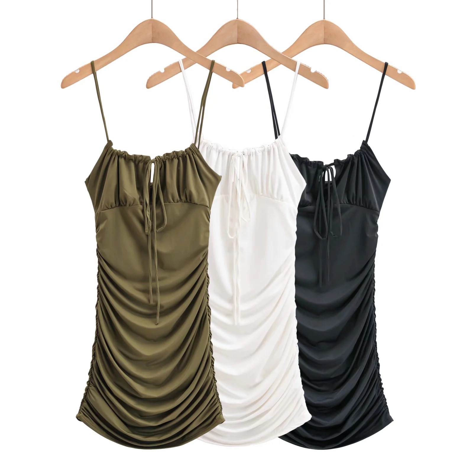 欧美褶皱修身款纯色裹胸镂空绑绳性感收腰露背包臀吊带裙连衣短裙