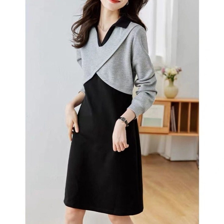 日常通勤双色拼接连衣裙不规则秋冬装搭配气质打底针织a字裙外贸