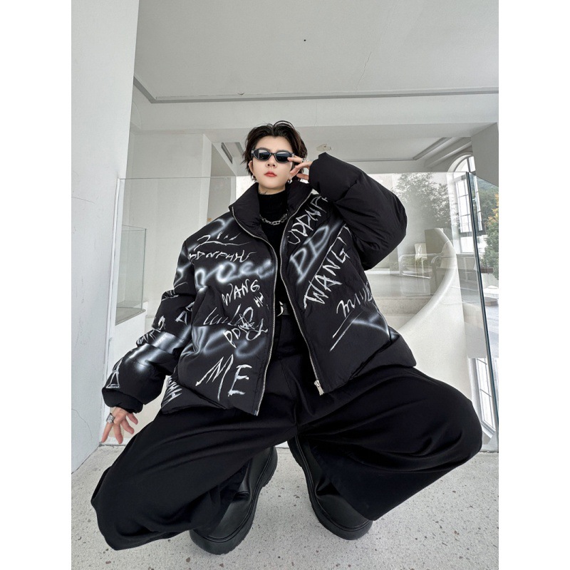 2023冬季纯色立领字母手绘男士加厚棉衣外套 三色kk2510/5240