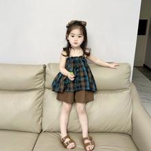 女童韩版洋气套装2024夏女宝休闲格子吊带裙上衣娃娃衫短裤两件套