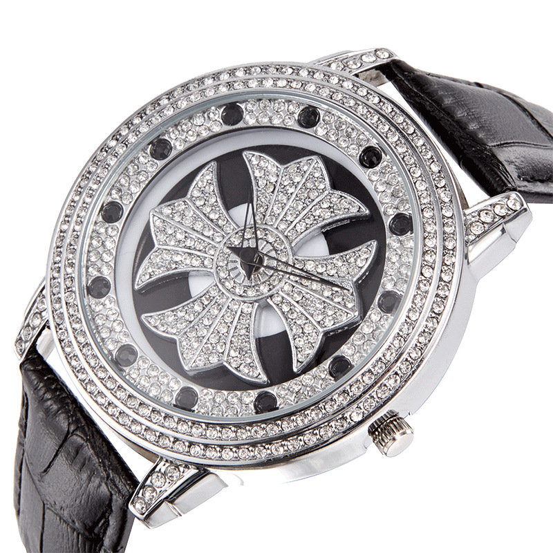 时来运转手表男士镶满钻旋转石英非机械表女学生真皮带钻防水潮流