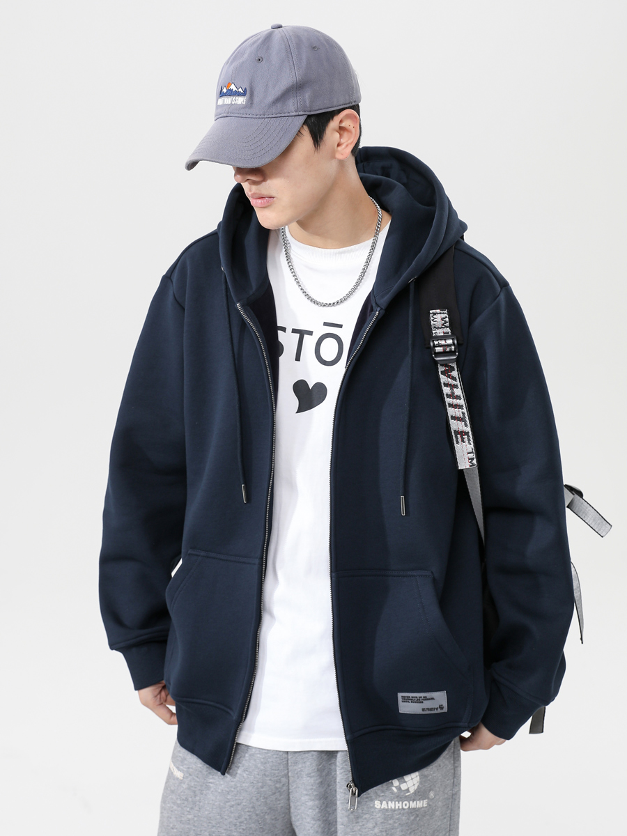 春秋连帽拉链开衫卫衣男士上衣服加绒潮牌青少年运动休闲潮流外套