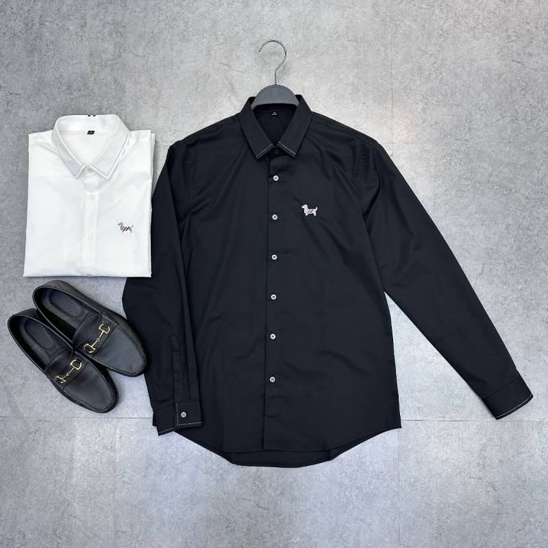 男装新款欧洲站tb狗刺绣衬衫时尚商务修身黑白休闲衬衫 b1cad2007