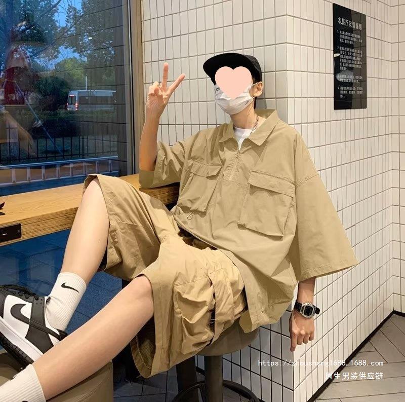 短袖短裤休闲运动感炸街工装套装男装搭配一套痞帅气夏季穿搭包邮