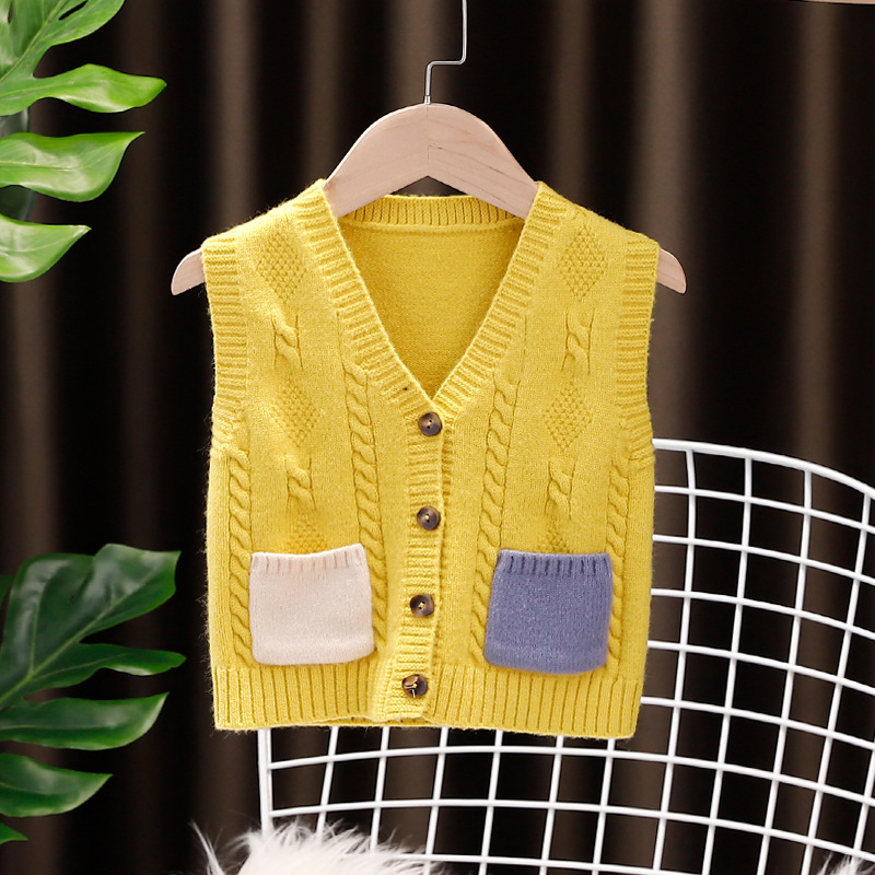 yn 撞色口袋男童毛衣背心 秋冬新款儿童马甲开扣麻花针织无袖外套