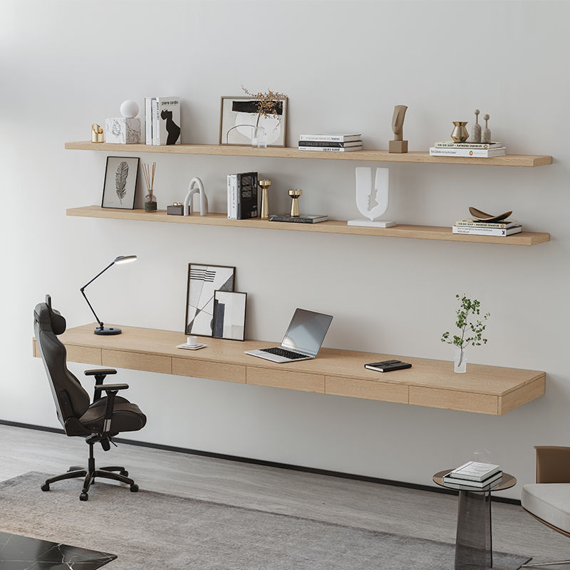 靠墙壁挂式悬空书桌书架组合墙上一字形长条实木带抽屉电脑桌