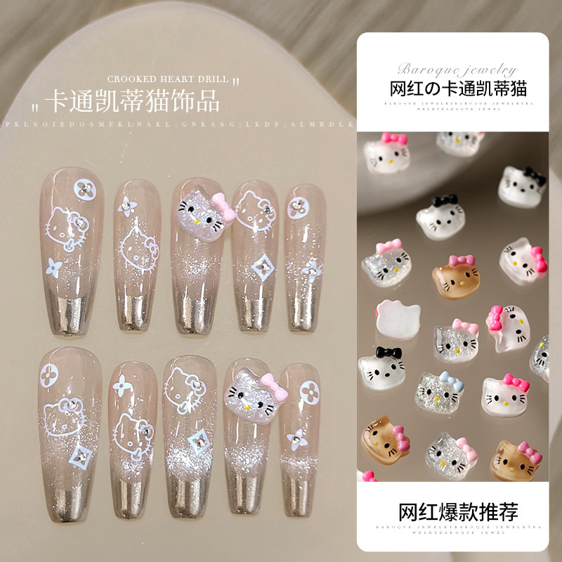 细闪kt猫美甲小饰品批发网红可爱卡通树脂立体透明白色指甲装饰品