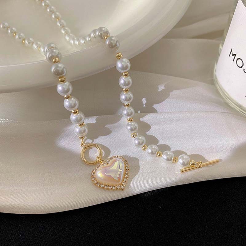 Japanese and Korean Ins Micro Inlaid Pearls Love Necklace Simple Sweet Ot Buckle Clavicle Chain Female Personality All-Match Necklace Wholesale