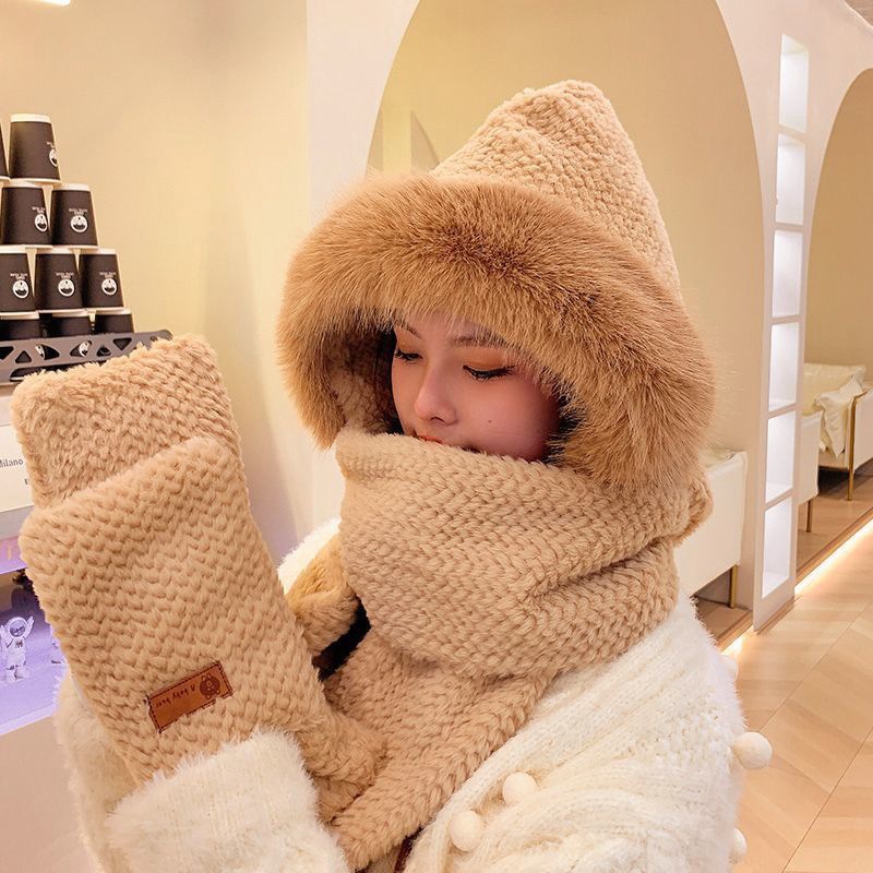 Plush Hat Scarf Gloves Three-in-One Women's Autumn and Winter Riding Warm Earmuffs Thickened Warm Scarf Cute