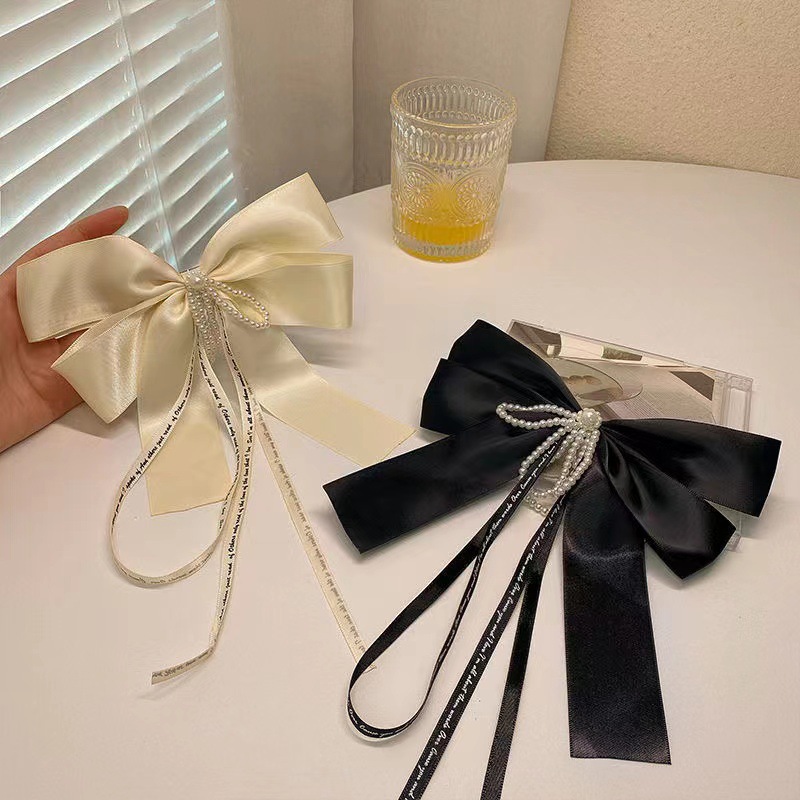 Black Big Bow Satin Ribbon Hairpin Female Summer Back Head Pearl Edge Clip Super Fairy French Top Gap Former Red