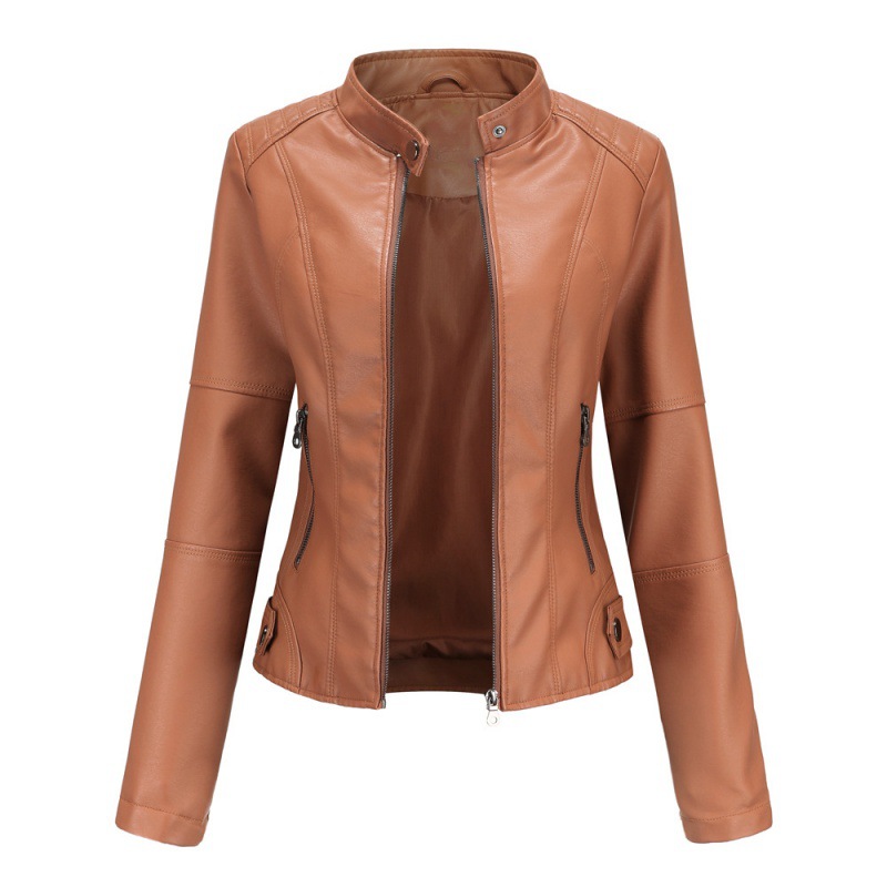 Cross-Border European Size Women's Leather Jacket Women's Slim Jacket Thin Spring and Autumn Coat Women's Motorcycle Clothing plus Size Stand Collar Leather Jacket