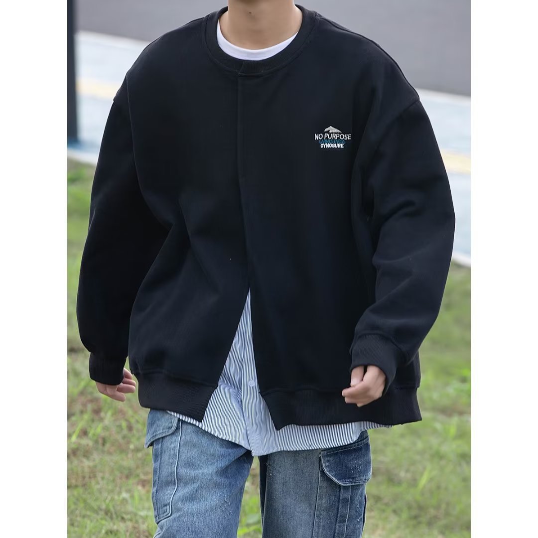 美式复古春季假两件条纹衬衫字母拼接圆领卫衣男潮牌宽松休闲上衣