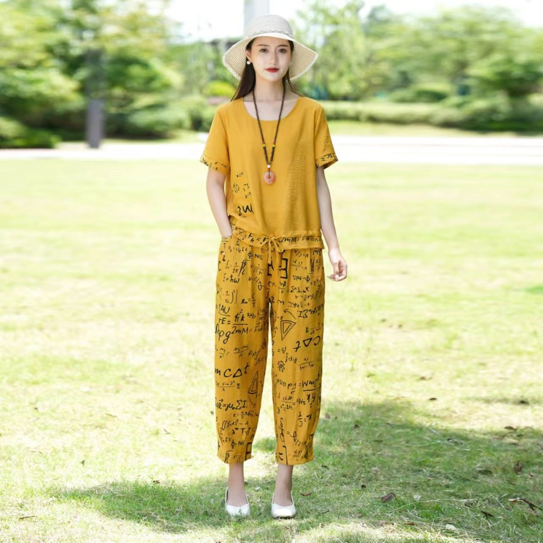 2023夏季新款短袖休闲棉麻套装t恤中年女装时尚显瘦九分裤两件套