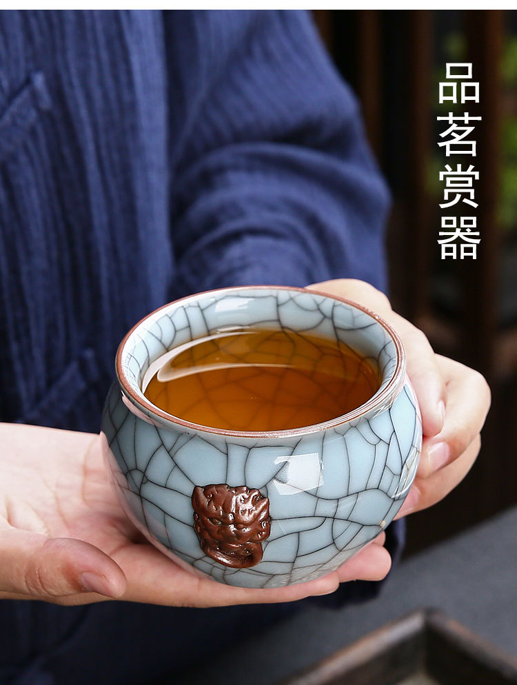 传世哥窑风水缸青瓷茶杯单个手工单杯大号主人杯功夫茶具品茗杯