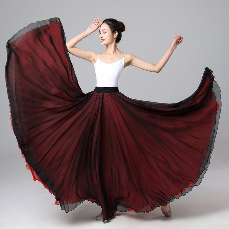 720度双面穿大摆裙双层天丝雪纺半身裙艺考古典广场舞民族舞蹈裙