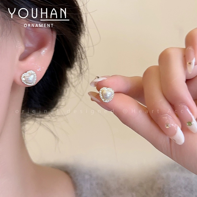 Sterling Silver Needle Korean Style Heart Pearl Stud Earrings Women's Light Luxury Minority Design Advanced Exquisite Peach Heart Earrings Earrings