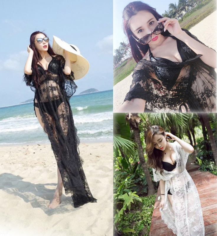 2020亚马逊春装镂空钩花蕾丝沙滩裙长款罩衫性感连衣裙
