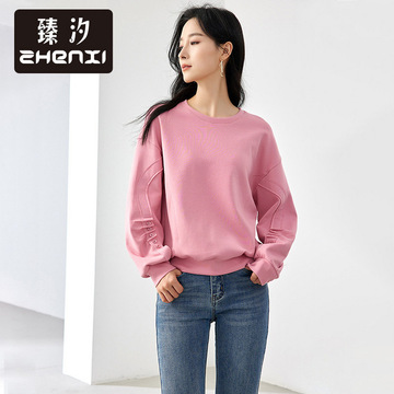 臻汐新款休闲圆领粉色卫衣女长袖宽松显瘦慵懒套头上衣sn757