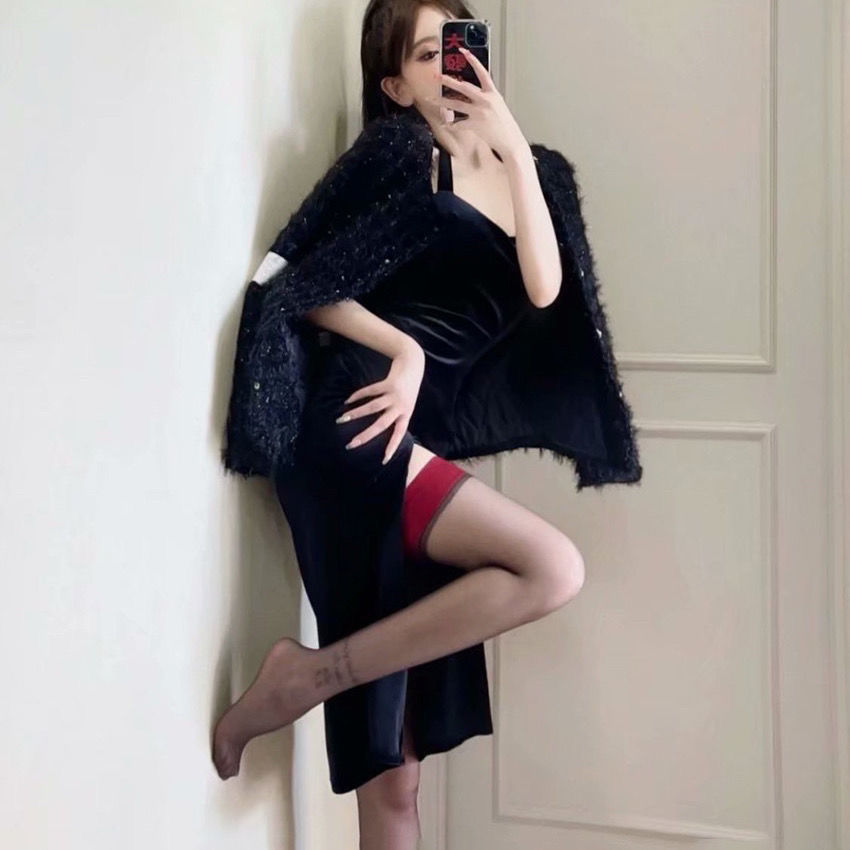 包邮网红小众黑丝袜超薄性感到大腿长筒袜黑色红边黑丝女薄款高筒