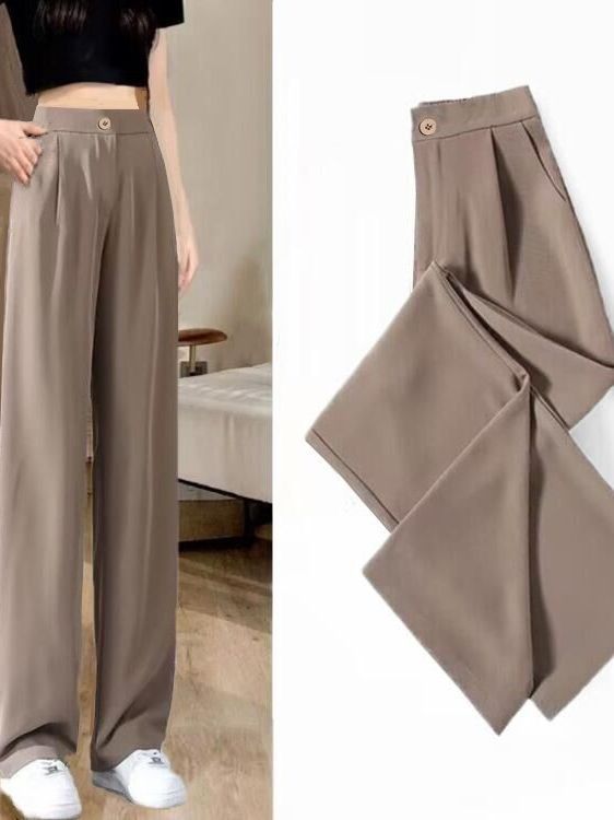 Gray Suit Design Pants Draping High Waist Loose and Slimming Casual Straight Pants Cropped Wide-Leg Pants Women's Spring and Summer Thin